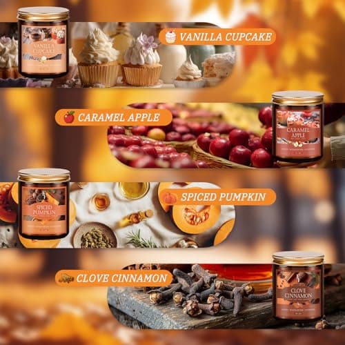 Fall Candles Set, 4 Pack Candles for Home Scented Natural Soy Wax, Autumn Gifts Set for Women Men, Fall Fragrance of Pumpkin/Cinnamon/Vanilla Cupcake/Apple B0F66HVPDY