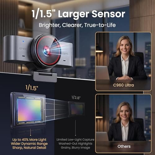 EMEET C960 Ultra 4K Webcam for Mac & PC, 1/1.5" Large Sensor, Metal Body, 0.2s Autofocus, DRC, Whiteboard Mode, Built-in Privacy Cover, 2 Mics, USB Webcam 4K for Meetings, Streaming & Content Creation