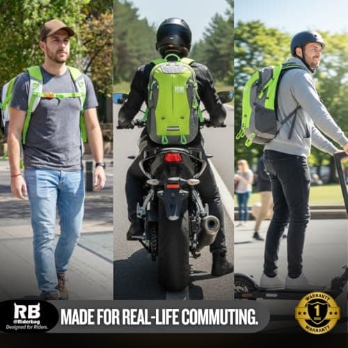 Reflective Motorcycle Backpack – Hi Viz EDC Commuter Bag for Riders, Night Travel, and Daily Use with Helmet Holder, Laptop Compartment, Ventilated Back, Urban Gear (green backpack)