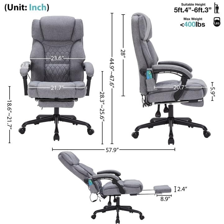Massage Office Chair with Heat,Reclining Office Chair with Foot Rest,6 Points Vibration Home Desk Chairs for Heavy People 400lbs,Ergonomic Managerial Executive Chair (Grey)