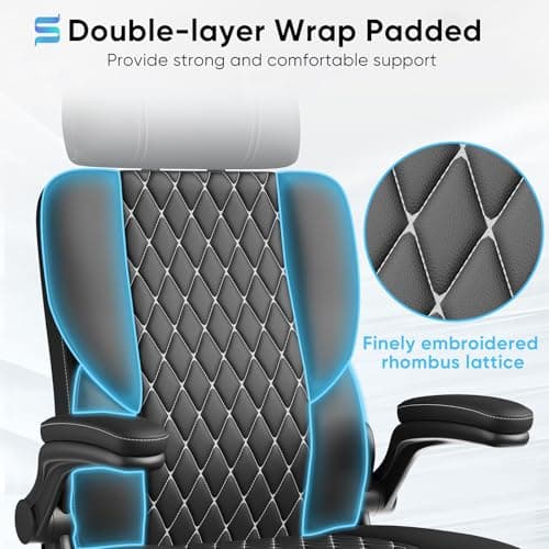 Sytas Executive Leather Office Chair, Comfy Desk Chair with Adjustable Headrest & Flip-up Padded Arms & Lumbar Support, Adjustable Hight and Tilt, Rolling Swivel Chair, Black