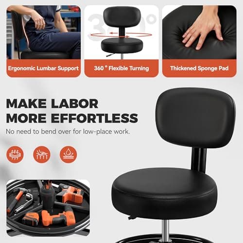 Shop Stool with Wheels for Garage, Mechanics Rolling Chair with Backrest, Adjustable Height Heavy Duty Garage Stool with Footrest and Storage Tray, Swivel Task Chair for Workshop Kitchen Salon