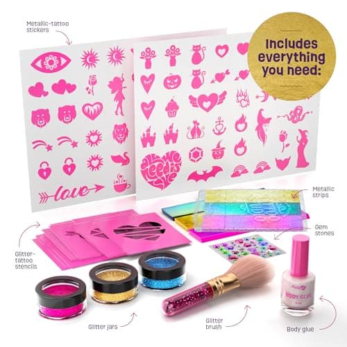 Pretty Me Glitter Tattoo Kit for Kids - Glitter & Metallic Fake Tattoos for Girls - Birthday Gift Ideas for Girl - Temporary Tattoo Set - Craft Kits Toys for Ages 6 7 8 9 10 11 Year Old - Cool Gifts