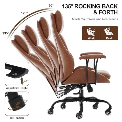 E-Motie Office Chair, Leather Desk Chair with Rubber Wheels, Ergonomic Computer Chair 500 LBS with Lumbar Support, High Back Executive Chair for Modern Home Office, Brown