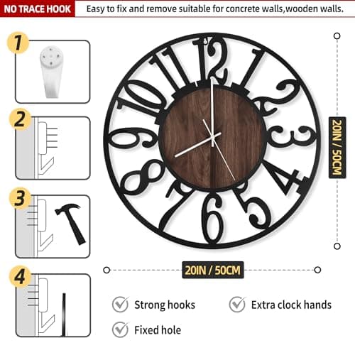 LEIKE Large Wall Clocks with Night Light Battery Operated,Silent Non Ticking,Rustic Modern Big Wood Clock for Living Room, Bedroom,Kitchen,Farmhouse,Office,Home Decor-20 Inch(Black-Arabic Number)