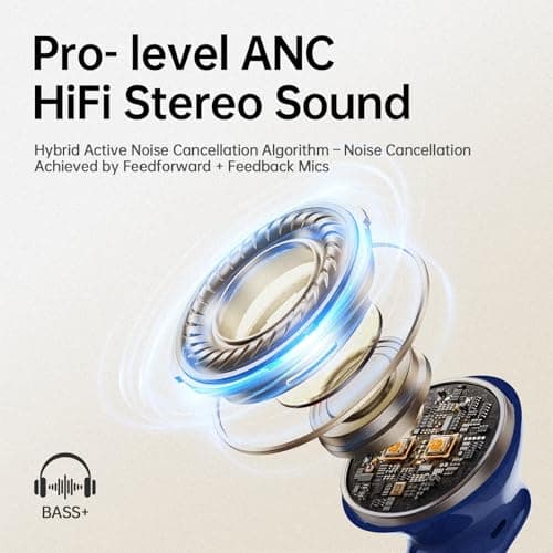 xinwld Adaptive Hybrid Active Noise Canceling 2026 Wireless Earbuds, 6 Mics ENC Clear Call Ear Buds, Hi-Res Audio Deep Bass Bluetooth 5.4 Headphones, 40H Playtime, Wireless Charging, LED, USB-C, Blue