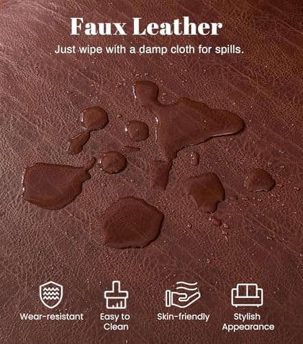 Kingfun Mid-Century Modern Couch, Faux Leather Sofa, 3 Seater Couch for Living Room with Rolled arms & Nailhead Trim, Dark Coffee