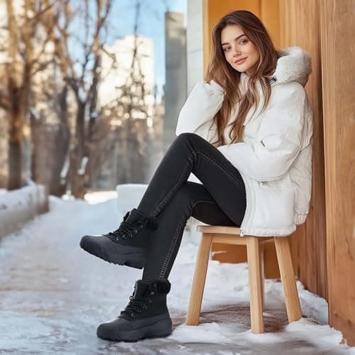 TEYTAP Waterproof Winter Snow Boots for Women丨Insulated-Warm Fur-Lined Booties丨Non-Slip Cushion Outdoor Walking Boots丨Lightweight Comfortable Casual Suede Leather Short Boots