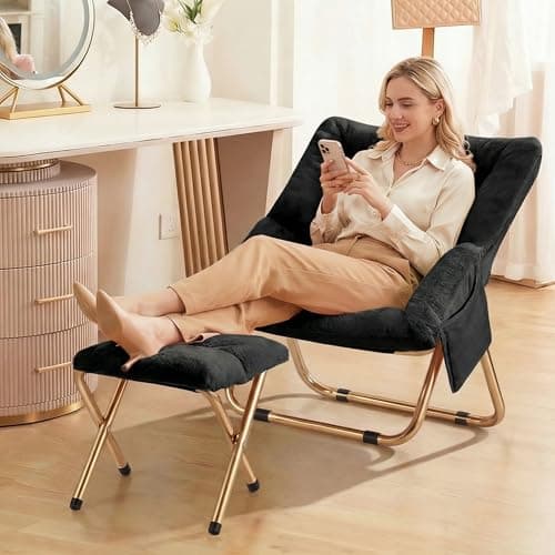 Kasunpul Comfy Saucer Chair, Foldable Living Room Chairs, Soft Faux Fur Lounge Chair for Bedroom, Reading Chairs for Adults,Teens, X-Large (Black)