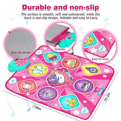 Unicorn Dance Mat, Dance Mixer Rhythm Step Play Mat, Pink Dance Pad with LED Lights, Adjustable Volume, Built-in Music, 5 Game Modes, Xmas B-Day Gifts for 3-12 Years Old Girls Toys
