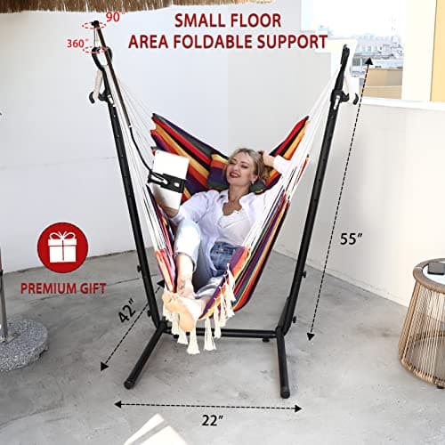 ZEYU Hammock Chair with Stand Double Hammock Chair Bohemian Style with Tassel Mobile Phone Support Manual Adjustable Swing Indoor and Outdoor Garden Porch with Floor mat Reclining Capacity 400 pounds