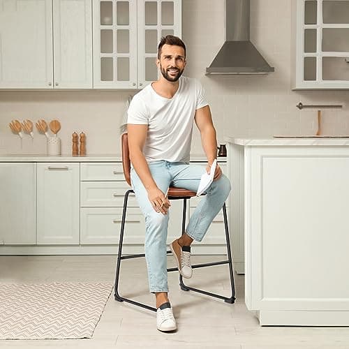 DUMOS 26 Inch Counter Height Bar Stools Set of 4, Modern Faux Leather High Barstools with Back and Metal Leg, Upholstered Bar Chairs for Kitchen Island, Brown