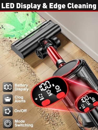 Cordless Vacuum Cleaner, 45KPA 8-in-1 Vacuum Cleaners for Home, 50Mins Runtime, Anti-Tangle Stick Vacuum with LED Display, Rechargeable Lightweight Vacuum for Pet Hair/Carpet/Floor (Red) (Red)