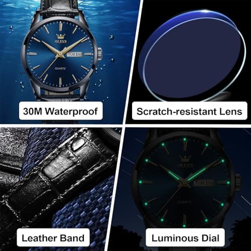 QBAIZI Men's Casual Leather Watch, Easy to Read Three-Hand Analog Stainless Steel Watches for Men, Minimalist Day Date Waterproof Luminous Mens Quartz Wristwatch