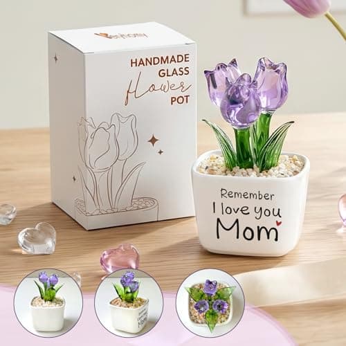 Remember I Love You Mom - Mom Birthday Gifts for Mothers - Collectible Flower Figurine Birthday Gifts for Mom from Daughter Son - Mini Purple Glass Tulip B0GTLL16WJ