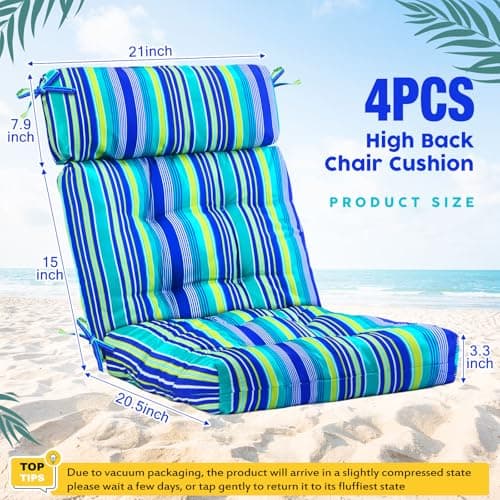 Barydat 4 Pcs Tufted High Back Chair Cushion Indoor Outdoor Seat and Back Cushions Palm Leaves Tropical Plants Lawn Rocking Chair Pads with Ties for Adirondack Patio Garden(Blue Stripes)