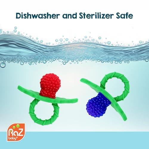 RaZbaby RaZberry Silicone Teether Pacifier – Teething Relief for Infants, Food-Grade, BPA-Free, Hands-Free Design, Natural Berrybumps Fruit Texture for Sensory Development, Freezable – Red