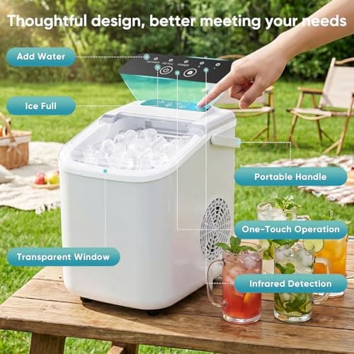 DUMOS Ice Maker Countertop, Ice Machine with Portable Handle, Basket and Scoop, 26lbs Daily, 9 Bullet Cubes in 6~8 Mins, Auto-Cleaning for Home, Kitchen, Office, Outdoors, RV Camping