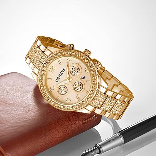Gosasa Luxury Unisex Crystal Diamond Watches Quartz Digital Calendar Rose Gold Silver Stainless Steel Watch