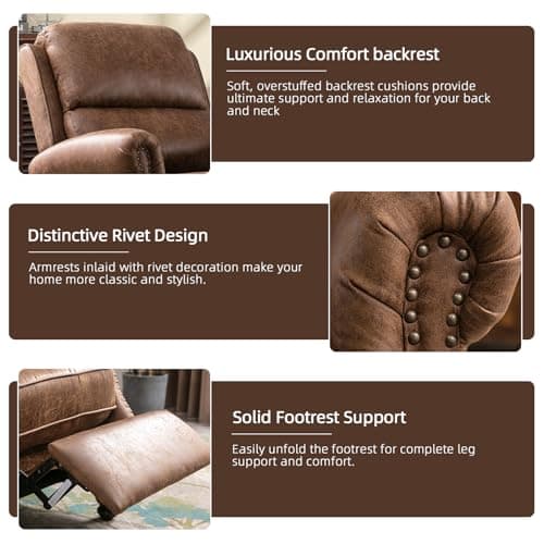 IOMOR Push Back Recliner Chair Faux Leather Lounge Armchair with Rivet Decoration Wingback Single Sofa Chair with Padded Seat Solid Wood Legs for Living Room, Chocolate