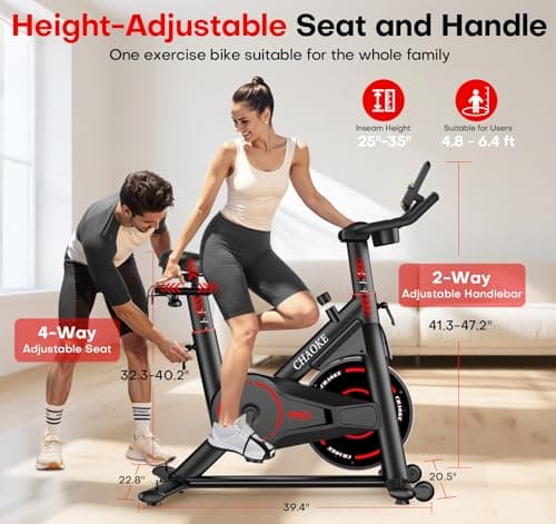 CHAOKE Exercise Bike, Quiet Adjustable Magnetic Stationary Bike for Home Cardio with App Compatible, 350LB Weight Capacity Indoor Cycling Bike with Large Seat, Dumbbell Rack, Pull Cords & LCD Display