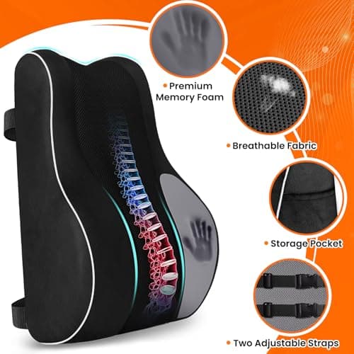CloudBliss Ergonomic Lumbar Support Pillow – Memory Foam for Lower Back Pain Relief, Adjustable Straps & Mesh Cover for Office, Gaming, Car Seat & Home Essentials (Black)