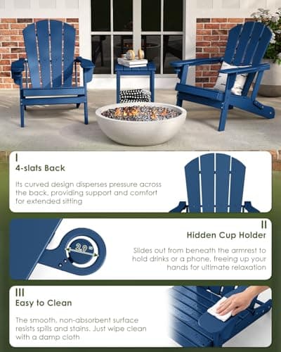 GREENVINES Folding-Adirondack-Chairs-Set-of-6 | w/Cup Holder| HDPE Plastic | All-Weather Patio Fire Pit Chairs | for Outdoor Poolside Deck | Blue