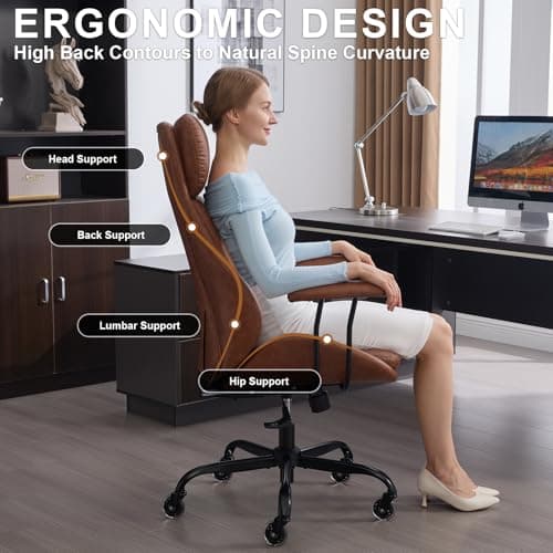 E-Motie Office Chair, Leather Desk Chair with Rubber Wheels, Ergonomic Computer Chair 500 LBS with Lumbar Support, High Back Executive Chair for Modern Home Office, Brown