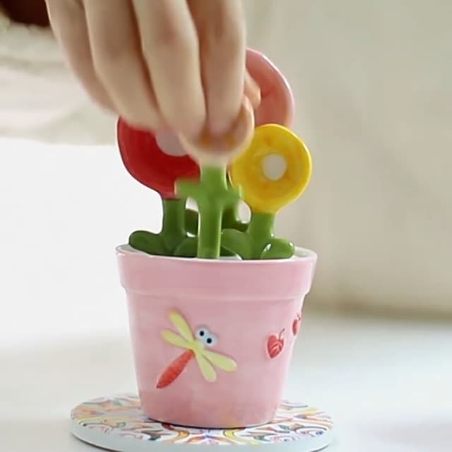 Flower Measuring Spoons Set in Pot Unique Baking Gifts Ceramic Cute Measuring Cups and Spoons with Holder for Dry Wet Ingredients Dishwasher Safe Pink B0BTX9KGZQ