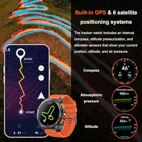 Military Smart Watches Built-in GPS, 170+ Sport Modes for Men with Flashlight, Smartwatch for Android Phones and iPhone, 1.43" AMOLED Screen Bluetooth Call Compass Altimeter (Black & Orange (2 Bands))