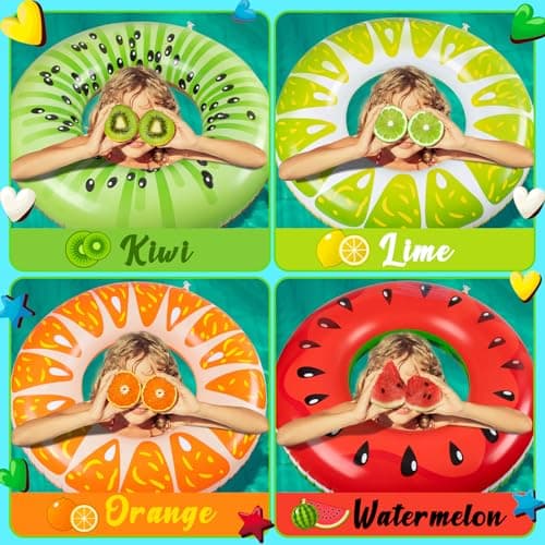 90shine 7PCS Fruit Pool Floats: Watermelon Kiwi Orange Lemon Swimming Rings with 13.5" Beach Balls - Inflatable Tubes Floaties Toys for Kids Adults