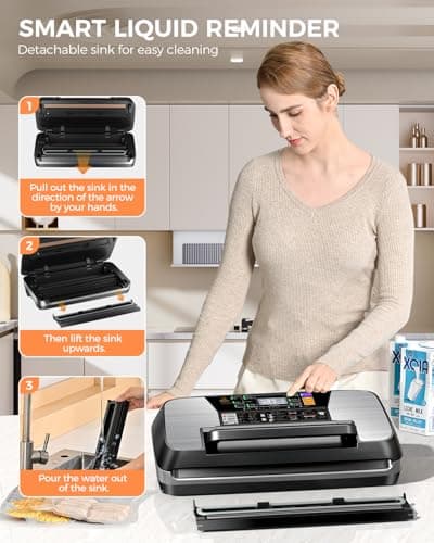 95KPA Commercial Vacuum Sealer Machine, Fully Automatic Food Sealer with Built-in Cutter for Sous Vide, Meal Prep - Includes 10 Pre-Cut Bags, Bag Rolls, Hose & Starter Kit Black Silver