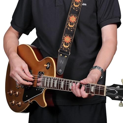 Nefelibata Guitar Strap, Sun & Moon Embroidery Guitar Straps with Head Cowhide Leather Ends for Bass, Electric & Acoustic Guitars, Free Strap Button, 1 Pair Strap Locks and 4 Guitar Picks