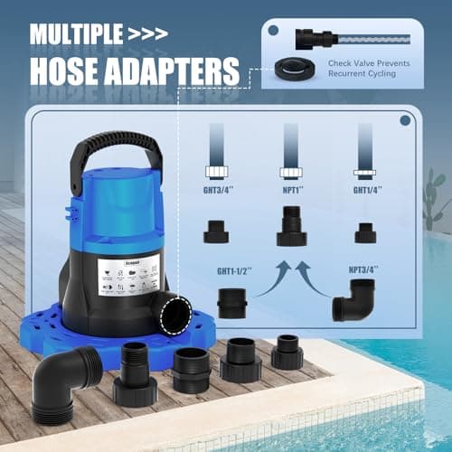 1 HP Automatic Swimming Pool Cover Pump, 5000 GPH 115V Submersible Pump with 3/4” Check Valve Adapter & 26ft Power Cord, Water Removal for Pool, Hot Tubs, Rooftops, Water Beds and more