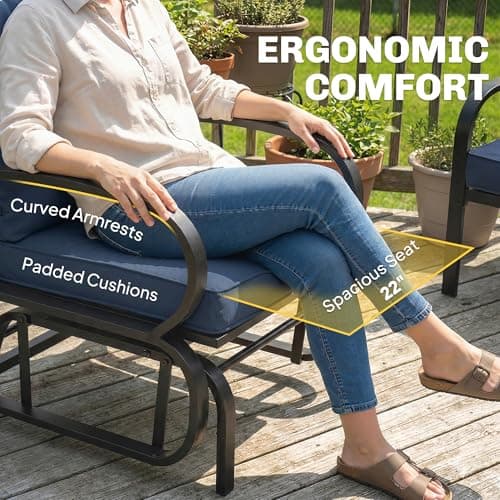 Outsunny Patio Glider, Outdoor Glider Chair with Cushions, Steel Frame, Curved Armrests, Single Gliding Chair for Yard, Porch, Garden, Poolside, Dark Blue