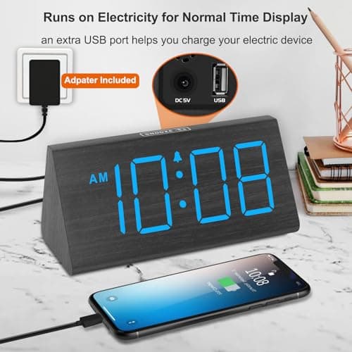 DreamSky Wooden Digital Alarm Clocks for Bedrooms - Electric Desk Clock with Large Numbers, USB Port, Loud Alarm for Heavy Sleepers, Adjustable Volume, Dimmer, DST, Wood Décor Gifts, Adapter Powered