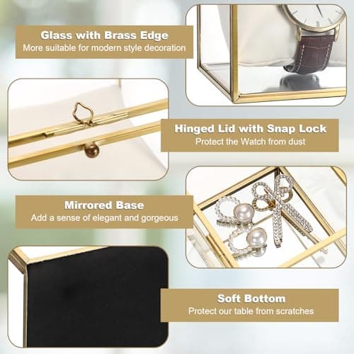 JUXYES JUXYES Clear Glass Watch Display Case with 3 Slots, Luxury Brass Glass Watch Organizer Holder Stand with White Watch Pillow, Modern Transparent Watch Collection Box for Men and Women, Gold