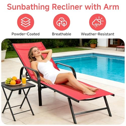 NEWBULIG Outdoor Lounge Chair for Pool, Chaise Lounge Chairs with 5-Position Recliner,350 lbs Heavy Duty Patio Pool Chair, Outdoor Sun Chairs with Metal Frame for Backyard, Classic Red