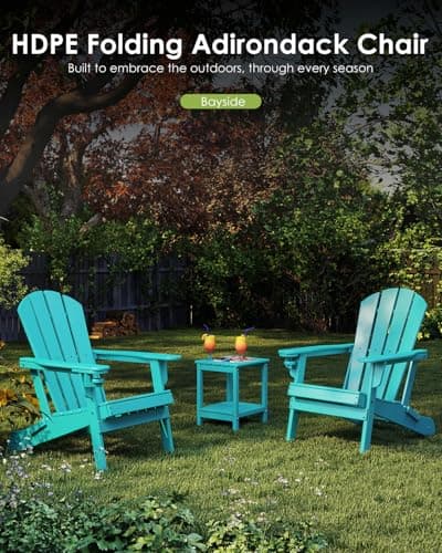 GREENVINES Folding-Adirondack-Chairs-Set-of-2 | w/Cup Holder | HDPE Plastic | All-Weather Patio Fire Pit Chairs | for Outdoor Poolside Deck | Aqua