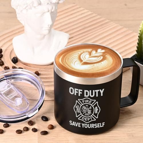 Lifecapido Firefighter Gifts for Men, Off Duty Save Yourself 14 oz Insulated Coffee Mug, Fireman Gifts for Men, Birthday Christmas Gift for Firefighters, Firemen, Boyfriend, Dad, Uncle, Black