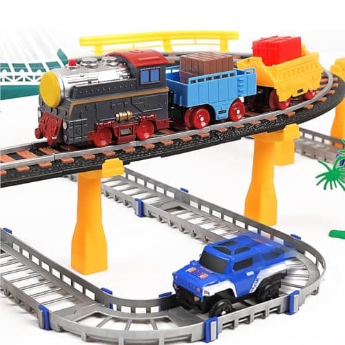 Electric Train Set for Kids Ages 4-8 with Train Tracks Set & Car Tracks Lights Up Bridge Road Sign Realistic Sound Train Track Accessories Playset Boy Toys Birthday 4 5 6 7 8+ Year Old
