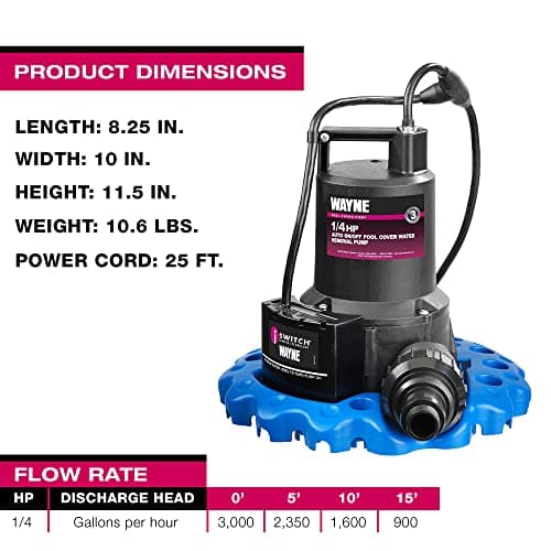 WAYNE WAPC250-1/4 HP Reinforced Thermoplastic Pool Cover Pump - Up to 3,000 Gallons Per Hour - Automatic On/Off Water Removal Pool Cover Pump
