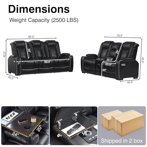 THSUPER Black Leather Power Recliner Sofa Loveseat Sets with Arm Storage and Power Headrest, Leather Living Room Reclining Sofa and Loveseat Set with Cup Holders and Bluetooth Speaker. | Breathable material, LED ambient light, Reading light, Hidden outlet, USB and Type-C port