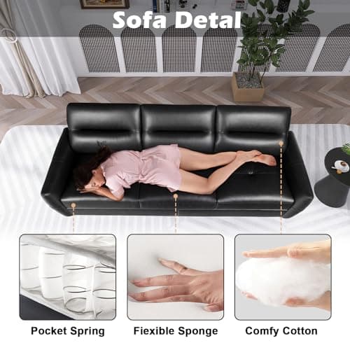 STHOUYN 85” Black Faux Leather Couch with USB, 3 Seater Sofa Couches for Living Room, Large Mid Century Modern Office Apartment Couch (Black)