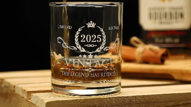 Retirement Gifts for Men Whiskey Glass Set - The Legend Has Retired 2025 - Retirement Party Decorations, Supplies - Gifts Ideas for Him, Dad, Husband, Friends - Wood Box & Whiskey Stones & Coaster