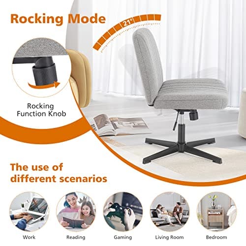 Sweetcrispy Criss Cross Chair Legged, Armless Office Swivel Desk Chairs No Wheels, Vanity Height Adjustable Wide Seat Comfy Cute Computer Task Seating for Home Bedroom, Grey