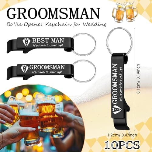 Aluminum Beer Wine Opener for Mens Bachelor Party, Groomsmen Proposal Gift Set Includes 9 Groomsman and 1 Best Man Jingmore 10 Pcs Groomsmen Bottle Opener Keychain Wedding Party Bulk, Black B0FQNWRHCS
