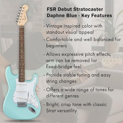 Fender Squier Stratocaster Electric Guitar - Daphne Blue Bundle with Amplifier, Gig Bag, Cable, Strap, Picks, and Austin Bazaar Instructional Video