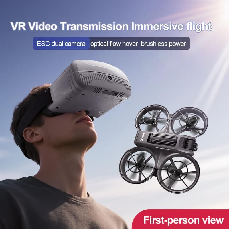VR FPV Drone, Experience First-Person View Flight, Comes With a VR Goggle Kit and Remote Controller. The Drone Features a Full Propeller Protection Guard and Collision-Resistant Structure, Making It Easy to Operate and Perfect for Beginners. Equipped With an Optical Flow Positioning System and Brushless Motors for Smoother and More Precise Flight. FPV Quadcopter for Entertainment or as a High-Performance Remote Control Helicopter.
