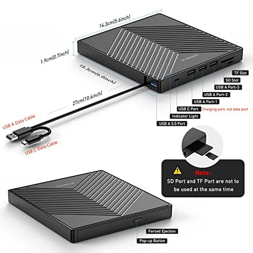 ORIGBELIE External CD DVD Drive, Ultra Slim CD Burner USB 3.0 with 4 USB Ports and 2 TF/SD Card Slots, Optical Disk Drive for Laptop Mac, PC Windows 11/10/8/7 Linux OS